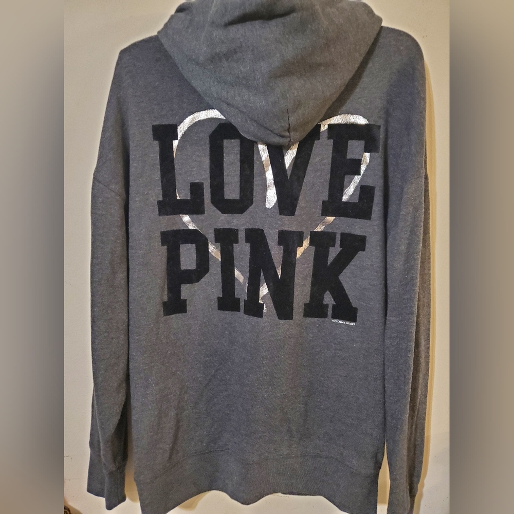 Y2k Victoria's Secret PINK Grey 'LOVE PINK' Hoodie Vintage Large Velvet Metallic